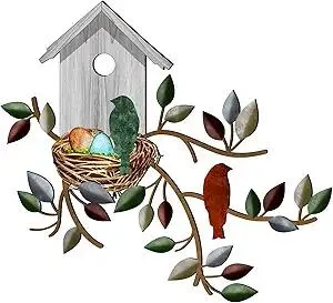 Peryiter Birds Wall Metal Decor for Outdoor Art Hanging Metal Tree with Birdhouse for Living Room Tree Leaf Wall Decor for Indoor Outdoor Garden(White)
