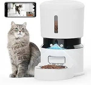 Automatic Cat Feeder with 2 Cameras 1080P HD with Night Vision Pet Food Dispenser Two-Way Voice and Audio Dog Smart WiFi Dog & Cat Feeder Programmable Schedule Slow Bowl White