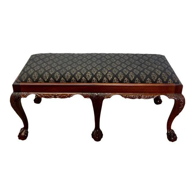 Vintage Chippendale Style Mahogany Upholstered Bench