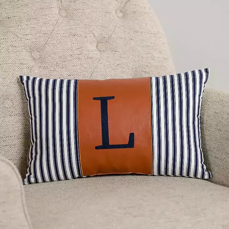 Navy Striped Monogram L Lumbar Pillow