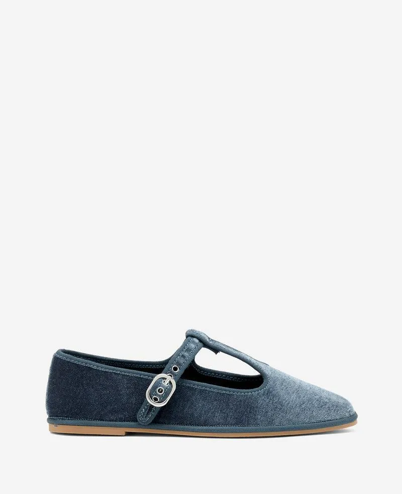 Verona Velvet T-Strap Mary Jane Flat - BLUE VELVET