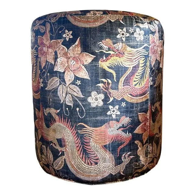 Lee Industries Dragon Velvet Print Lancelot Forest Drum Ottoman Stool