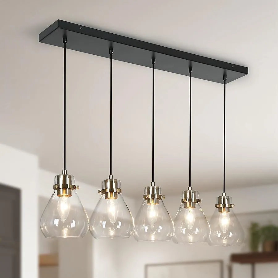 Uolfin 5 -Light 30-in Brass Gold and Black in Bell Modern/contemporary Clear glass Linear Large Hanging Kitchen island light