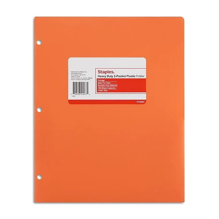 Staples 3-Hole Punched 2-Pocket Plastic Portfolio Folder,