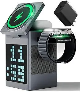 Vivilumens 3-in-1 Wireless Charger with Bluetooth Speaker - Pixel Animation Display, Digital Clock & Alarm, Fasting Charging Magsafe Charger Station with 18W Adapter for iPhone, AirPods, Watch