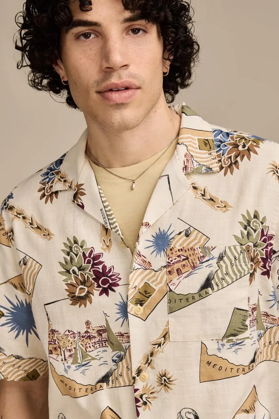 postcard print camp collar short sleeve shirt