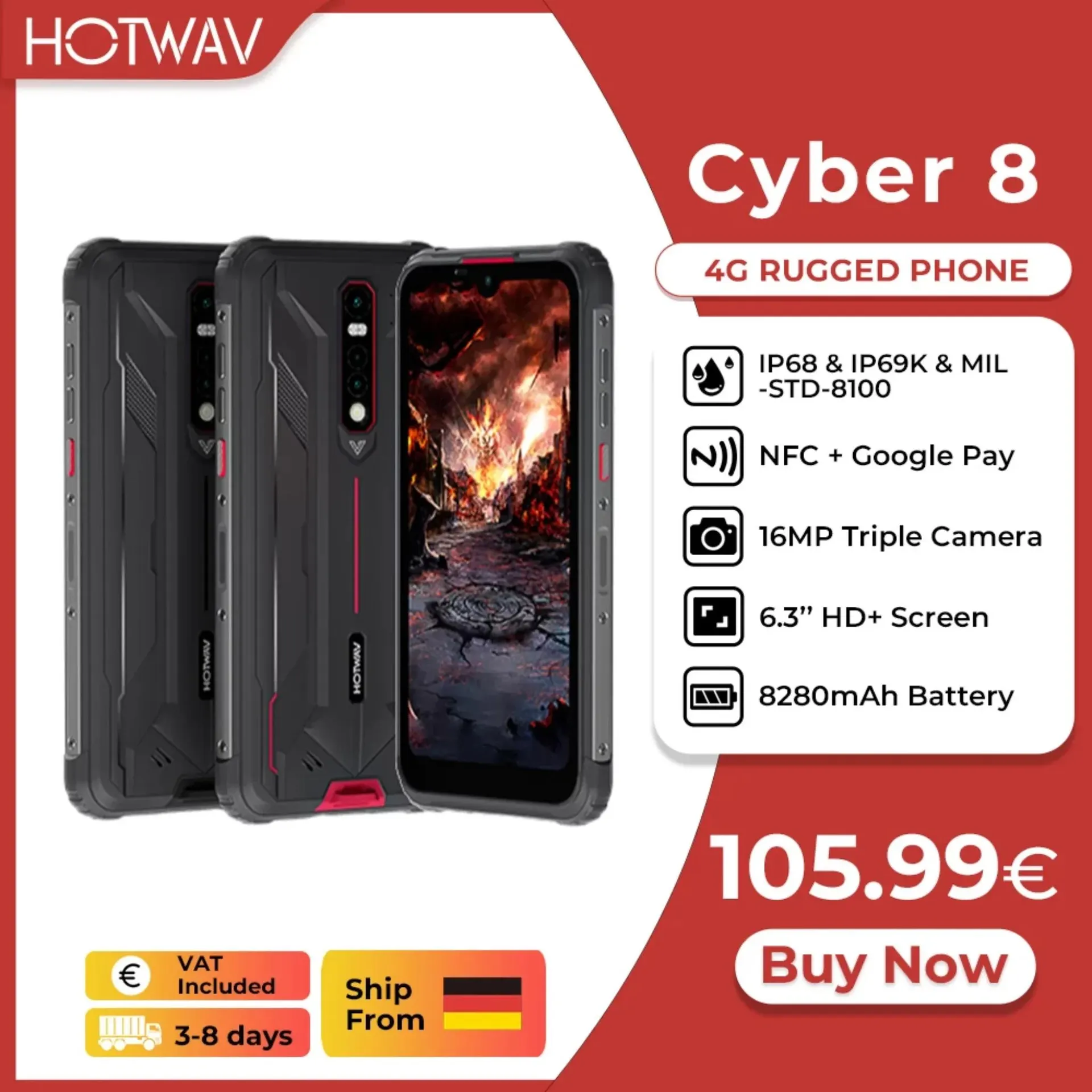 [Envío desde Alemania] HOTWAV Cyber ​​8, teléfono móvil resistente al agua, 4 GB, 64 GB, 8280 mAh, cámara de 16 MP, pantalla de 6.3", NFC, Android 11.