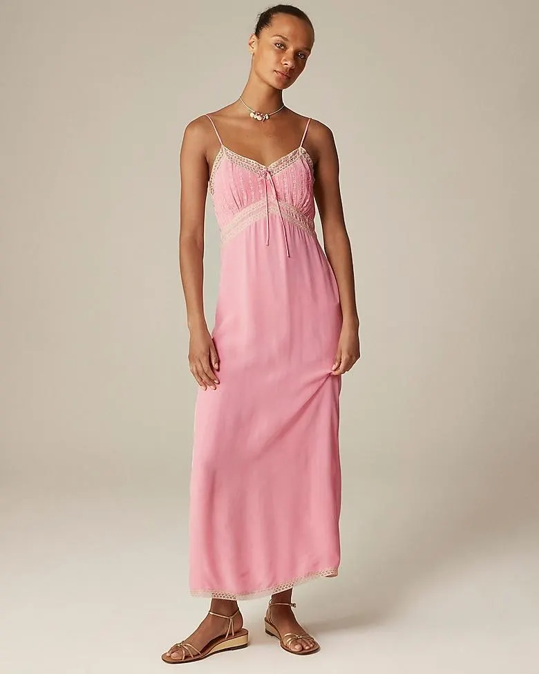 Pintuck lace-trim slip dress in crepe de chine