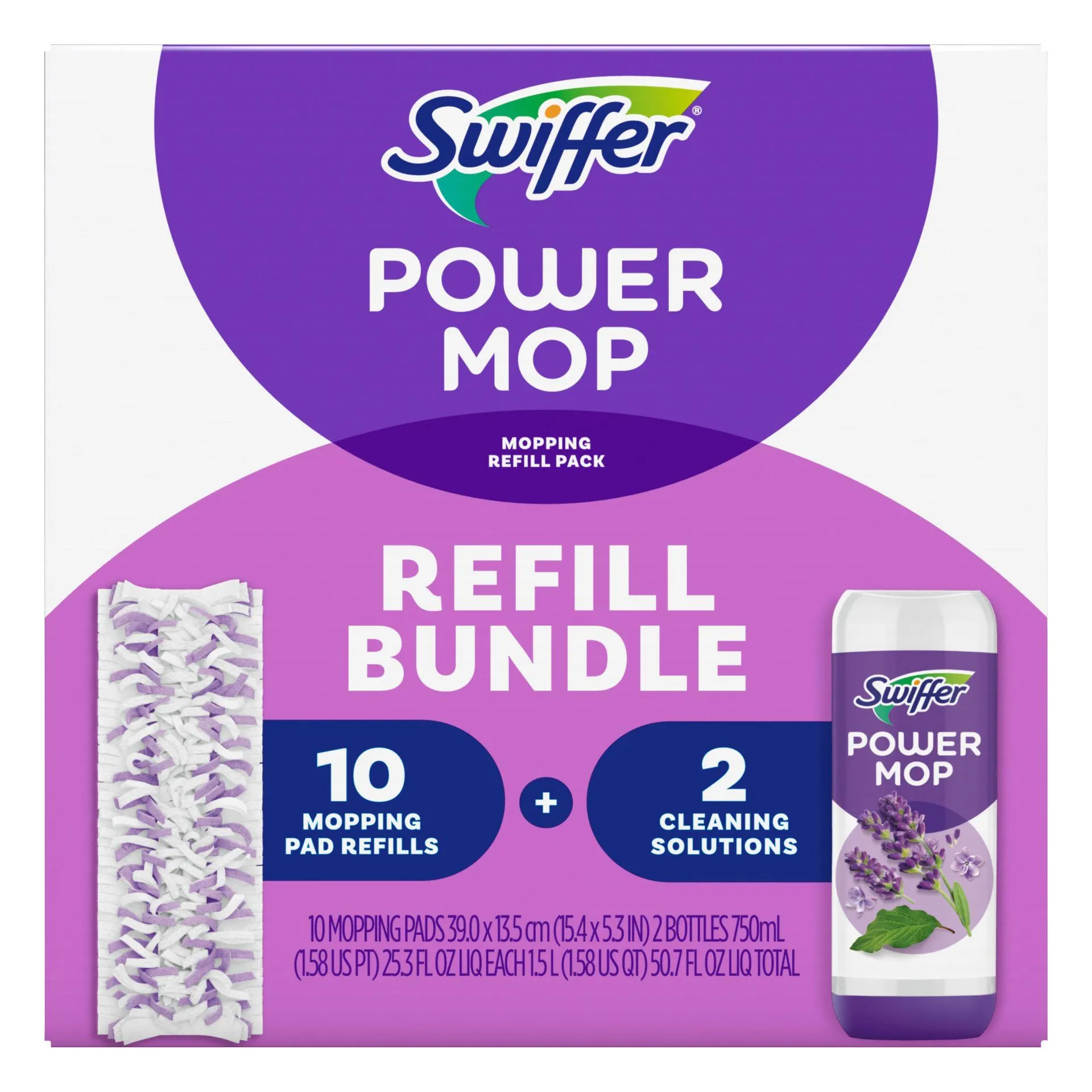 Swiffer PowerMop Multi-Surface Refill Bundle, 10 Mopping Pads + 2 Floor Cleaning Solutions