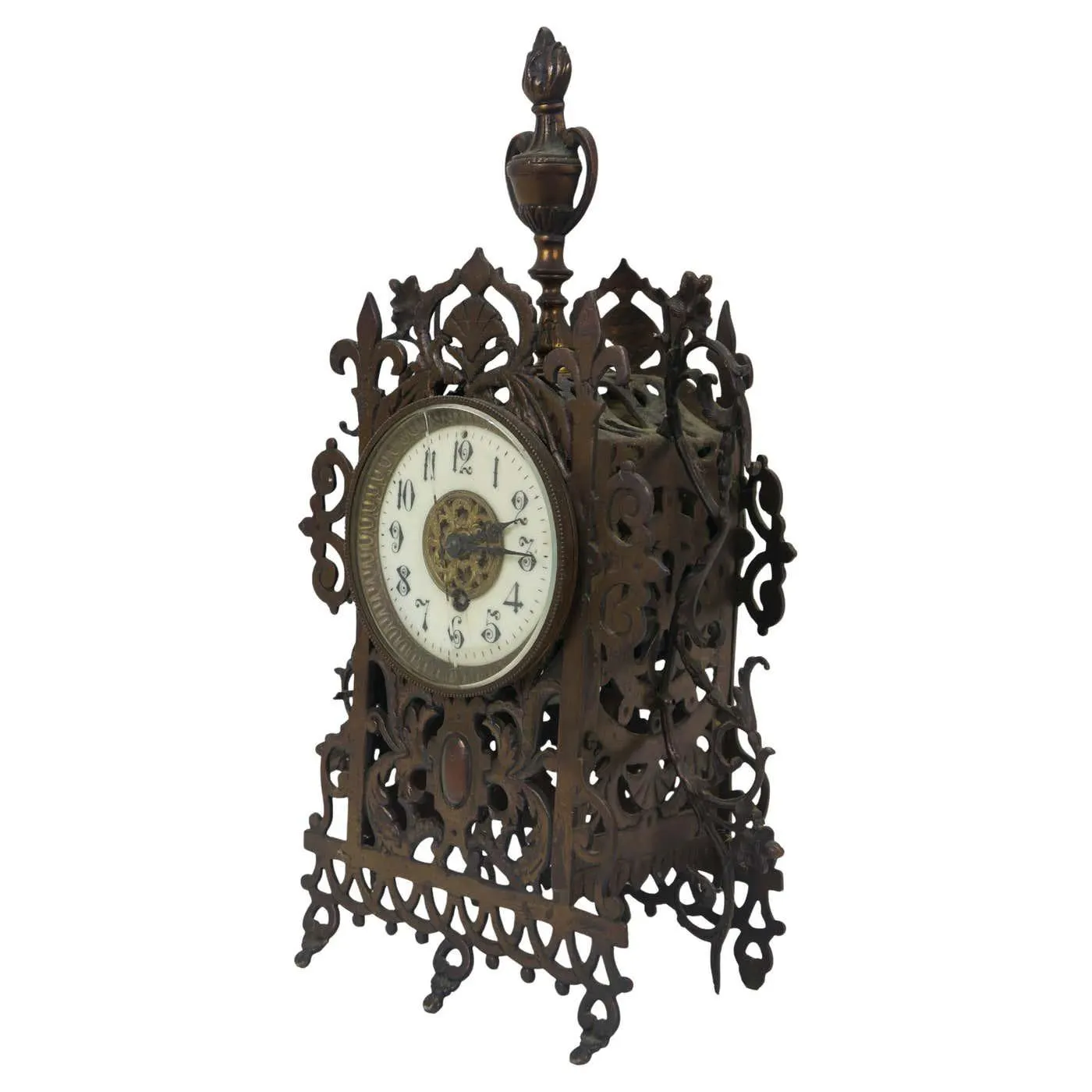 Antique 1874 French Bronze Reticulated Fleur de Lis Mantel Clock 15"