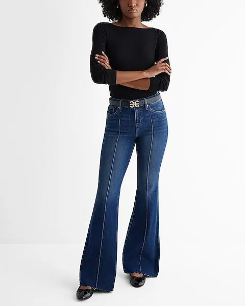Mid Rise Medium Wash Pintuck Raw Hem FlexX '70s Flare Jeans