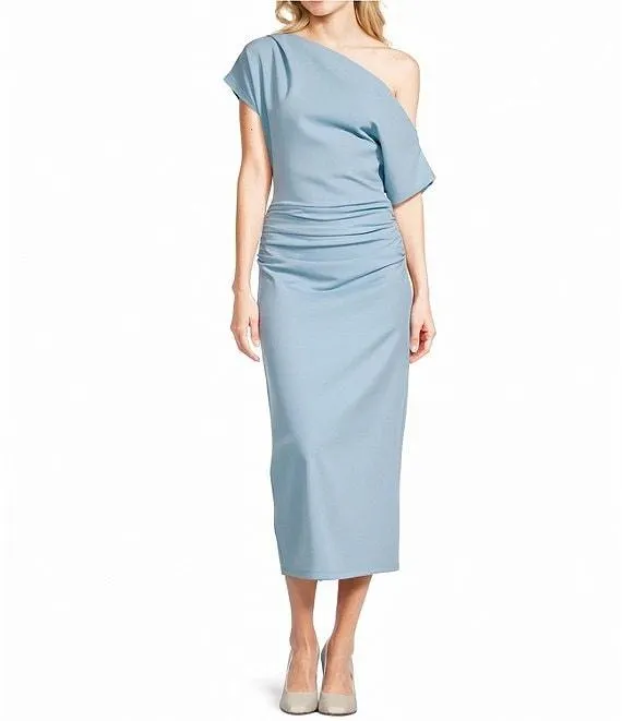 Crepe Knit Asymmetric Neck One Shoulder Off-the-Shoulder Short Sleeve Ruched Sheath Midi Dress