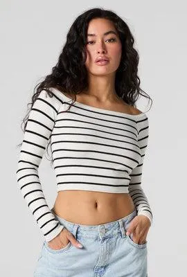 Striped Boat Neck Long Sleeve Skimmer Top