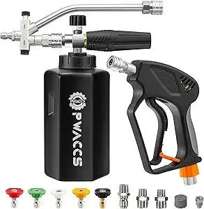 PWACCS Dual Foam Cannon with Pressure Washer Short Gun, Foam Cannon Dual Connector Accessory, Car Wash Foam Gun Kit with 1/4" Quick Connector, 5 Power Washer Sprayer Nozzles, 1.5 Liter, 5000 PSI