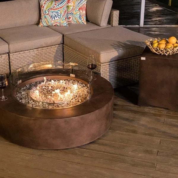 COSIEST Round Dark Brown Outdoor Patio Fire Pit Table with Wind Guard, Tank Table