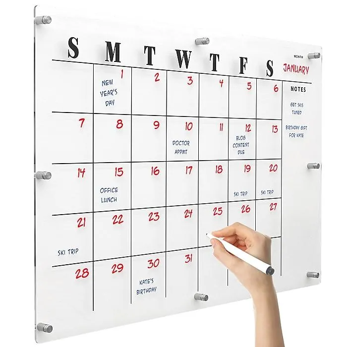Excello Global Products Acrylic Dry Erase Board with Custom Printed Calendar,