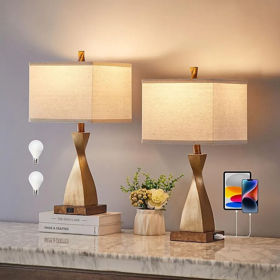 KAWOTI Shally 22-in Gold LED Touch Table Lamp with Linen Shade 2 -Set