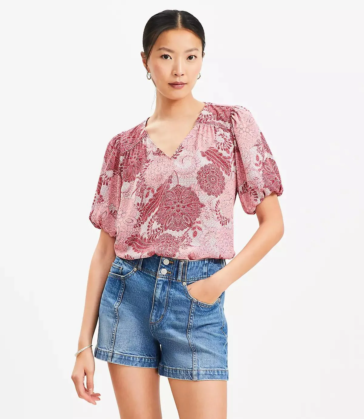 Floral Bubble Sleeve Mixed Media Blouse