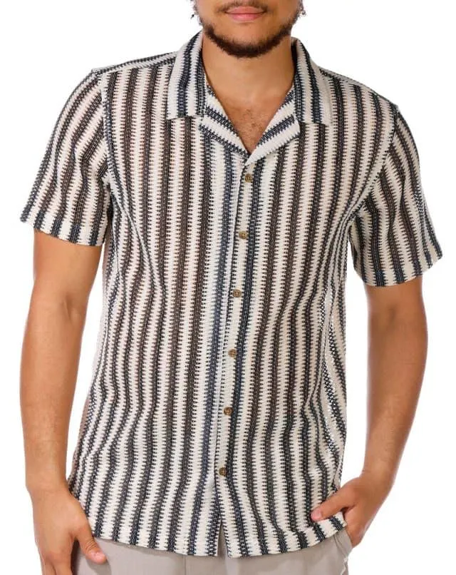 Distortion Men's Short Sleeve Striped Open Weave Shirt