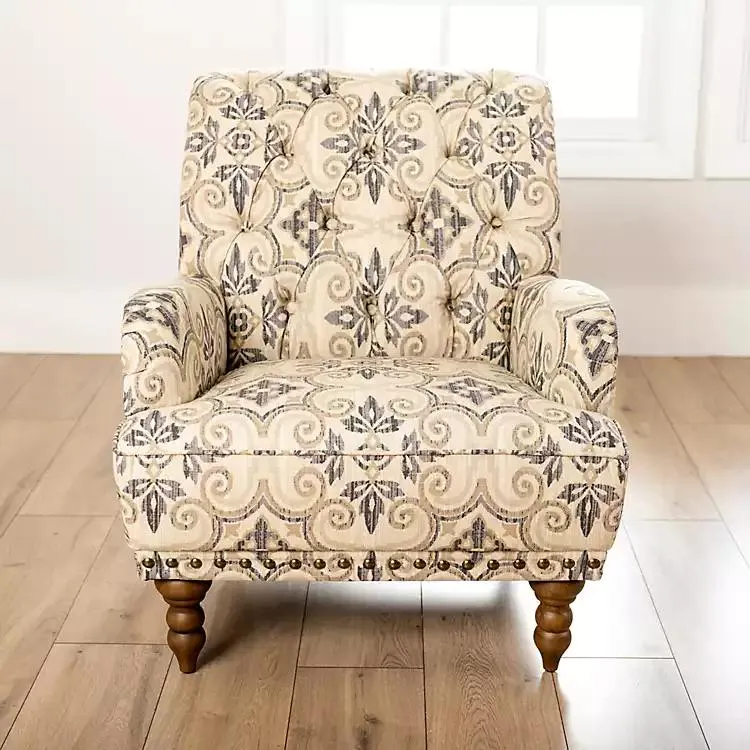 Rebecca Tufted Beige Damask Armchair