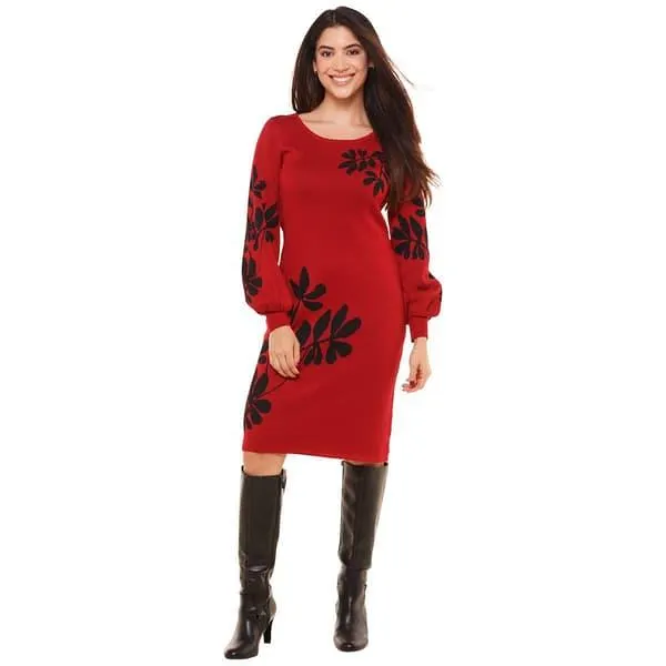 Womens Nina Leonard Long Sleeve Balloon Floral Sweater Dress