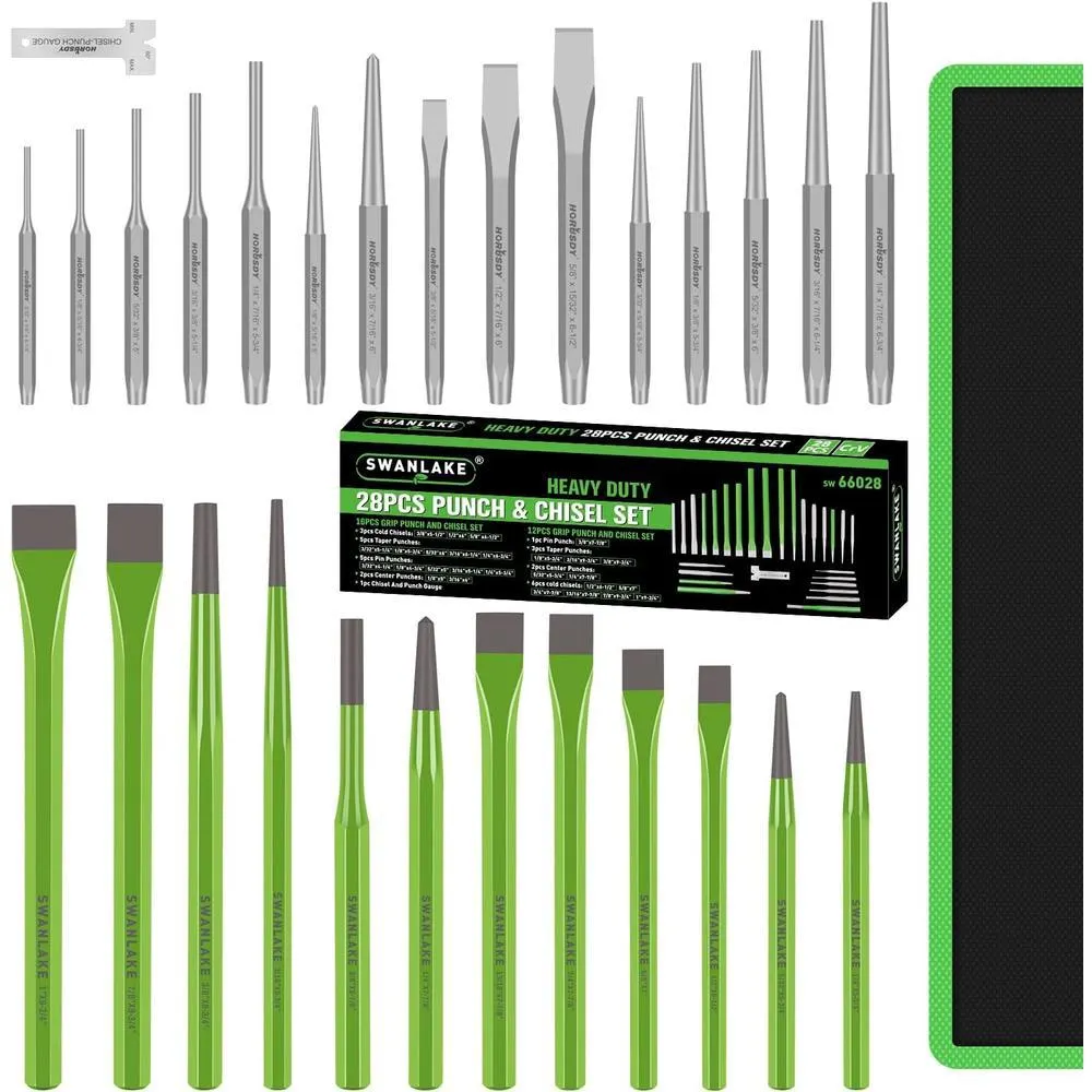 SWANLAKE GARDEN TOOLS SWANLAKE 28PCS Heavy Duty Punch and Chisel Set,Taper Punch, Cold Chisels, Pin Punch, Center Punch