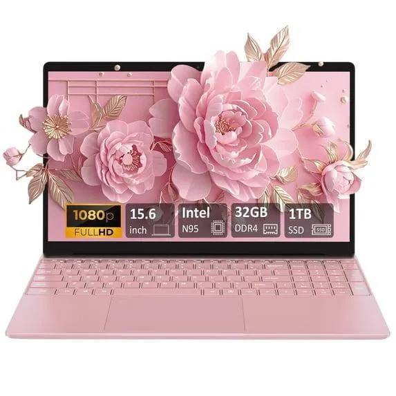 "Auusda 15.6"" Business Laptop, Intel N95 CPU, 32GB RAM, 1TB SSD, Windows 11 Pro, Pink"