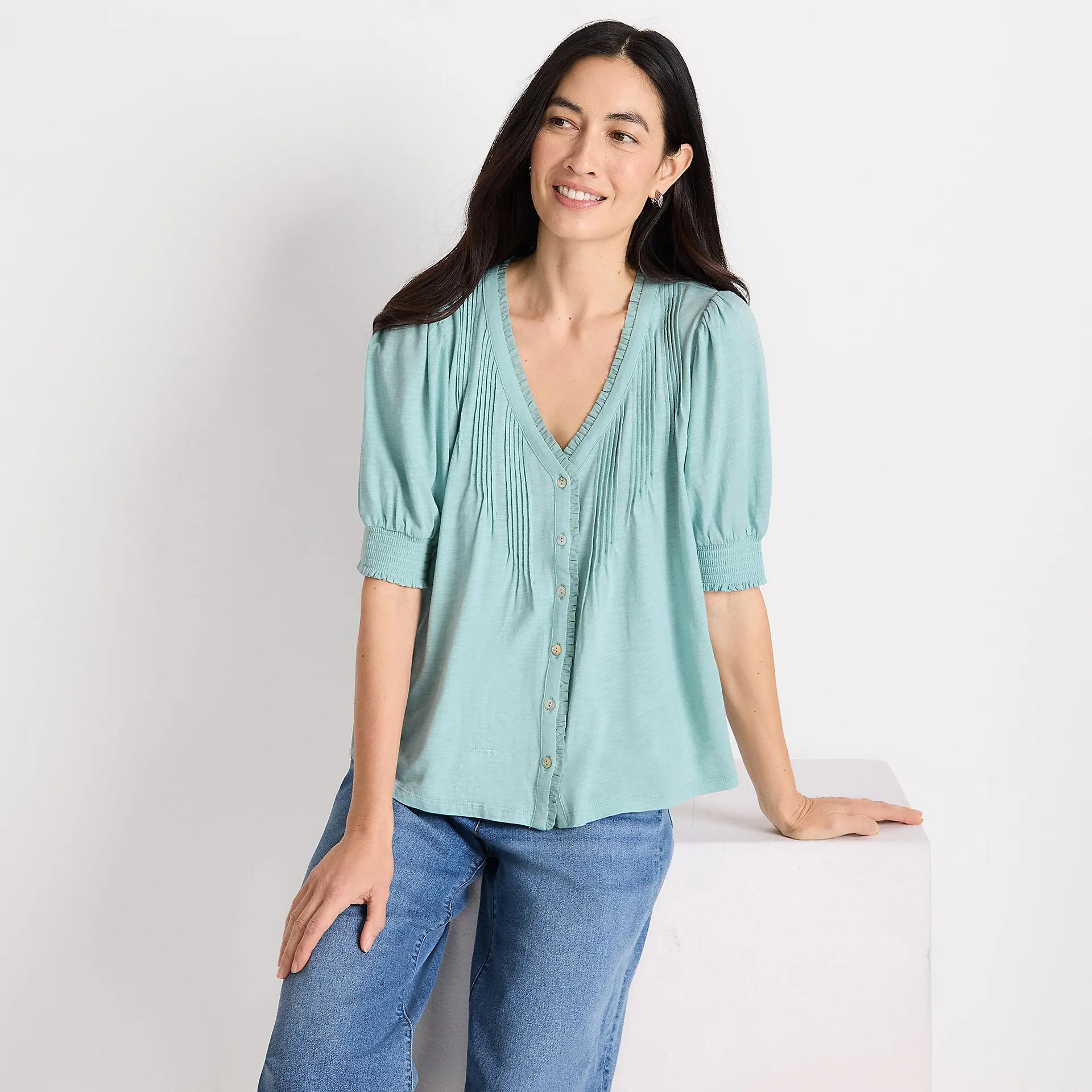 Women's Button Pintuck Puff Sleeve Top