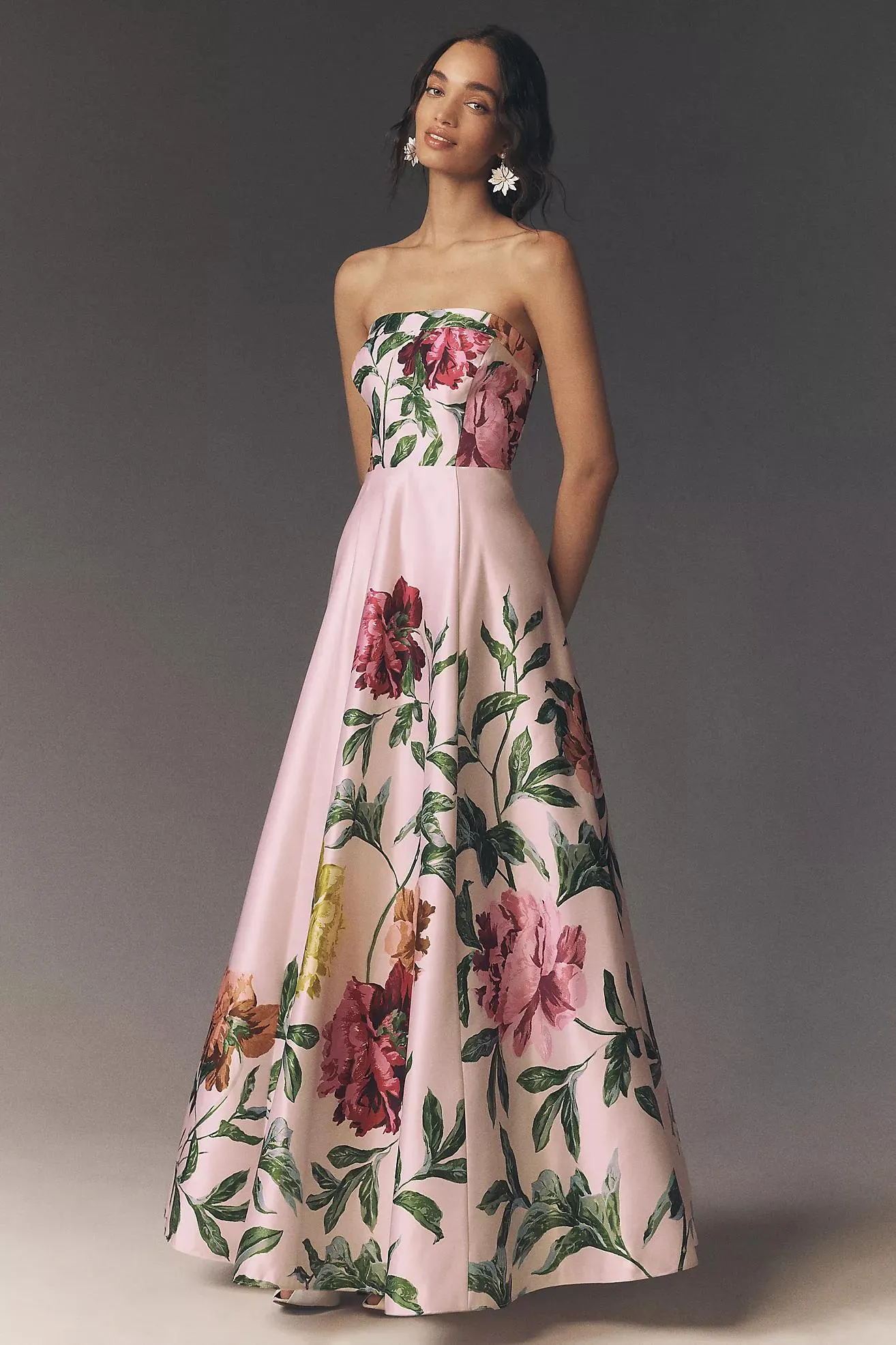 BHLDN Kira Strapless Printed Satin A-Line Maxi Dress
