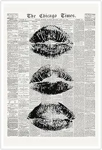 Trendy Newspaper Wall Art Vintage Black And White Kiss Lips Posters Retro Cool Girl Canvas Prints Funky Girly College Wall Decor for Girl Dorm Room Bedroom 12x16in Unframed