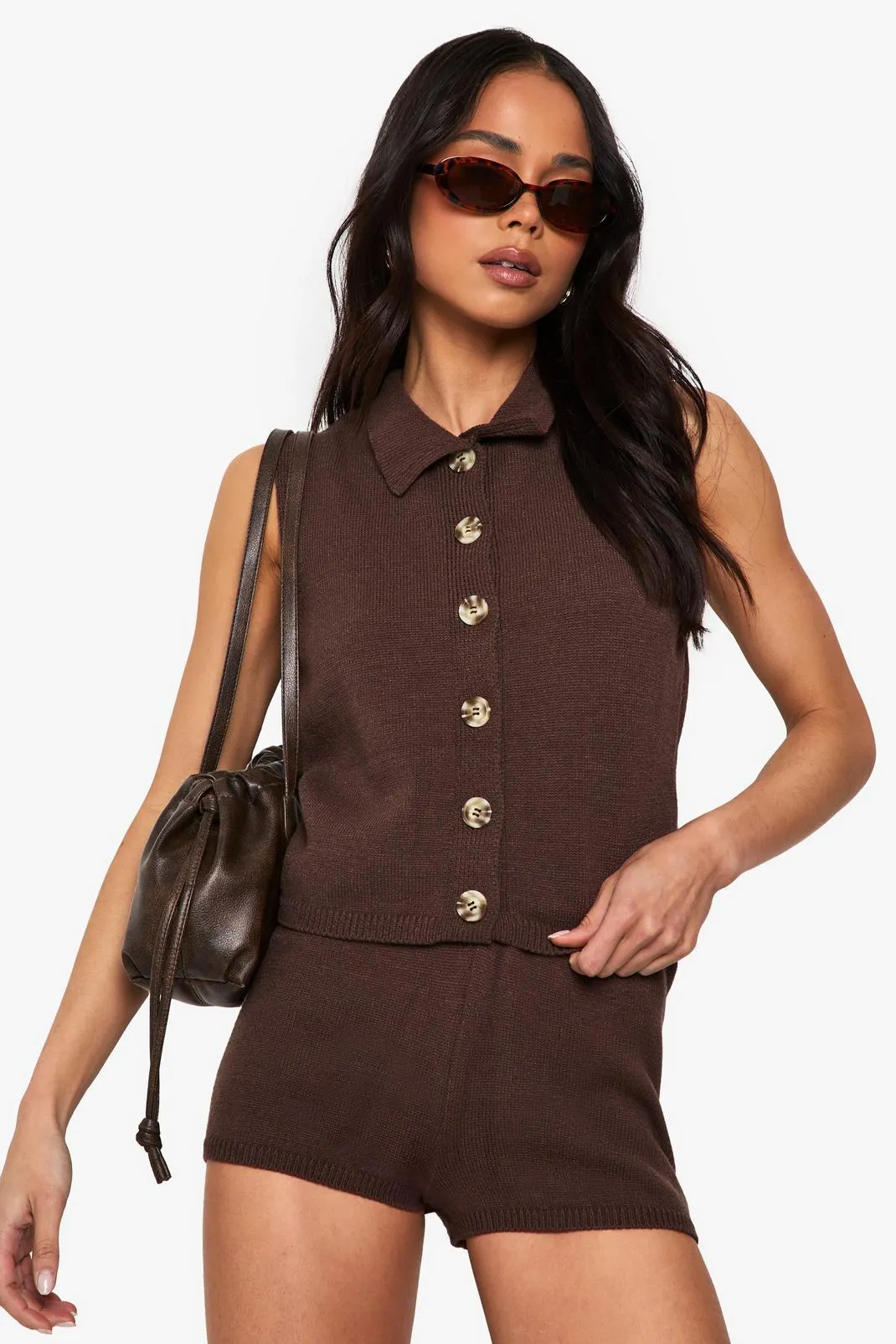 Collared Knitted Waistcoat and Knitted Short Set