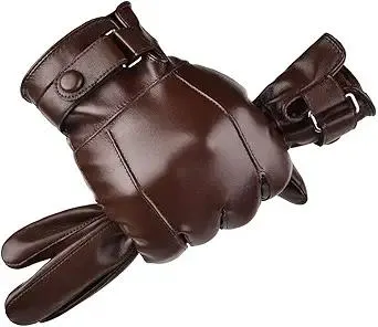 Men’s Winter Autumn Black Brown Smooth PU Leather Plus Thick Velvet Touch Screen Gloves