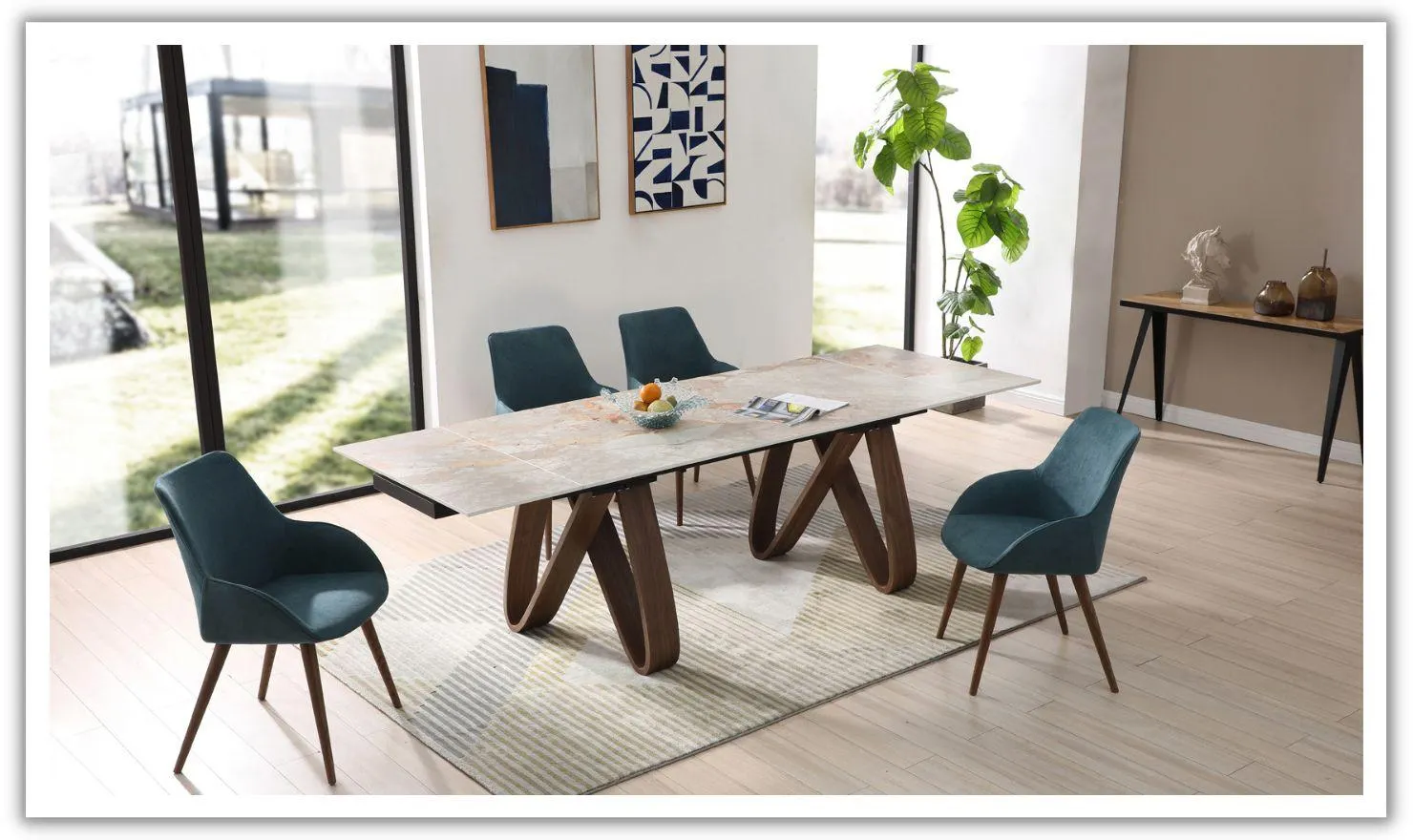 ESF Italia Bruno 4-Seater Dining Set with Linden Blue Upholstered Chairs