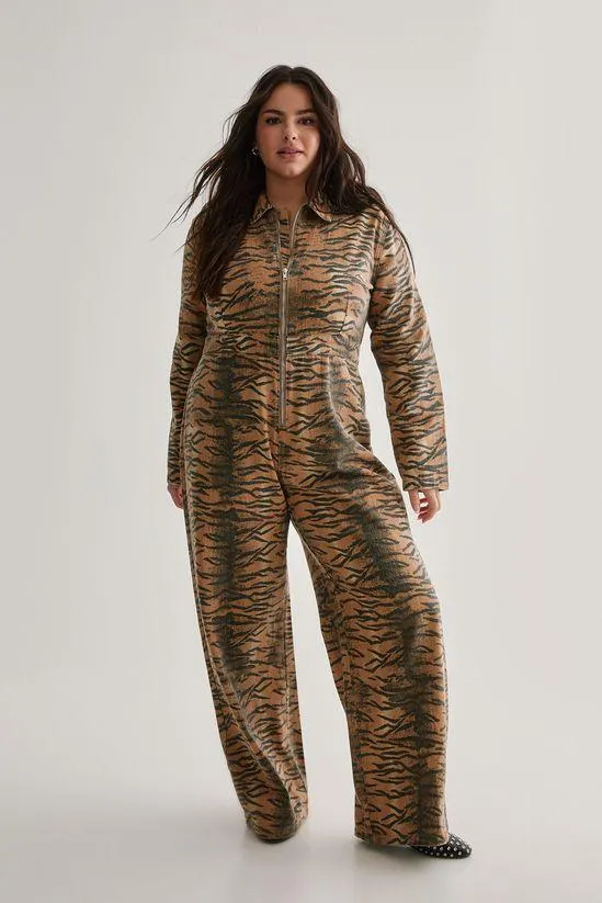 Plus Tiger Print Denim Jumpsuit
