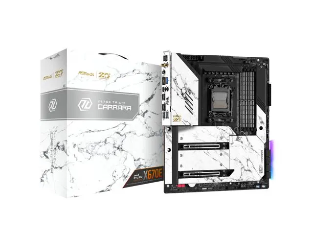 ASRock X670E Taichi Carrara AM5 EATX Mainboard. 4xDDR5 slots, 2 x PCIe 5.0 x16 Slots , AMD Cross Fire, Quad M.2 slots, 2.5GB LAN, WIFI-6E, 5,1 HD audio, HDMI 2.1, DP 1.4 ports, USB4 Type-C, 8 Layer PCB, 24+2+1 Phase Power Design, SPS.