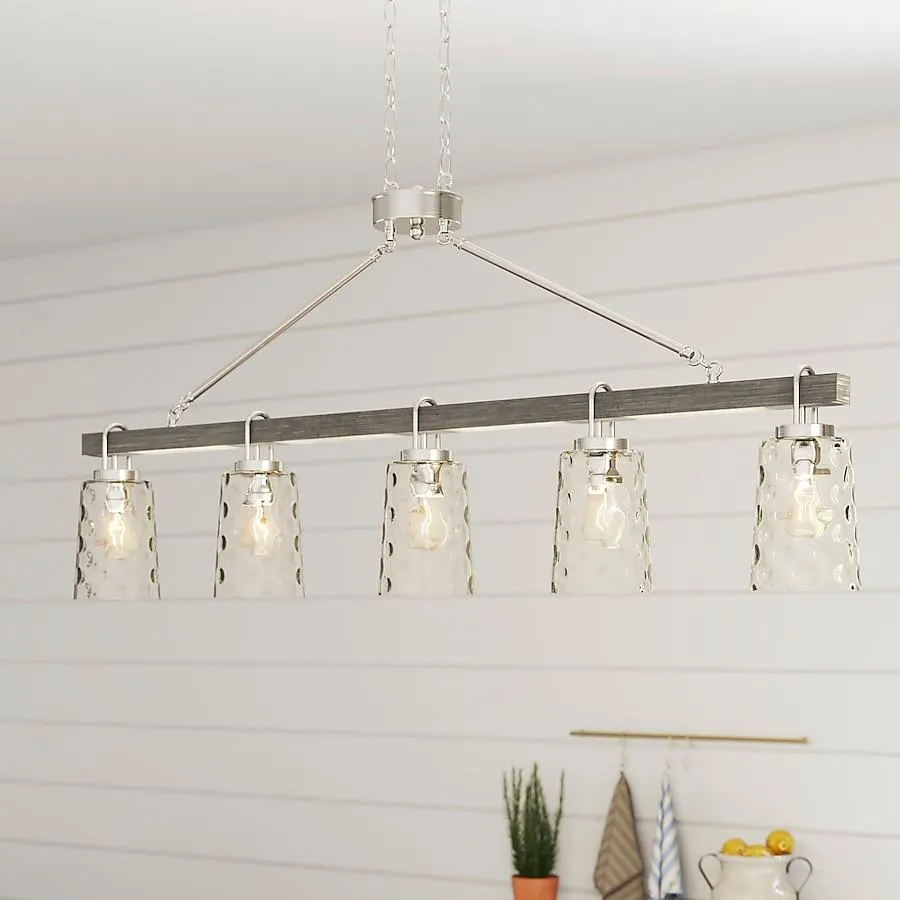Progress Lighting Tiana 5 -Light Brushed Nickel with Driftwood Accents Coastal Clear glass Linear Large Hanging Kitchen island light