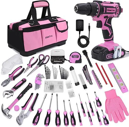 KingTool 267-Piece Tool Kit Set - Pink Tool Set with 21V Crodless Pink Power Drill Driver, Tool kit for Women with Pink Tool Storage Bag, Womens Tool Kit for House, Perfect for Home DIY Projects