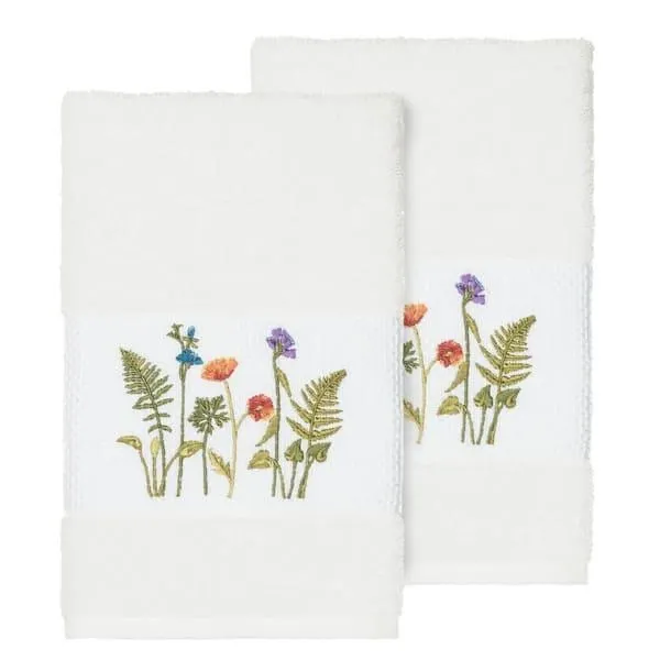 Authentic Hotel and Spa White Turkish Cotton Wildflowers Embroidered Hand Towels (Set of 2)
