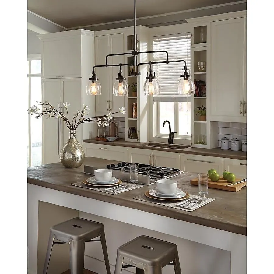 Generation Lighting Belton 4 -Light Bronze Transitional Seeded glass Linear Large Hanging Kitchen island light