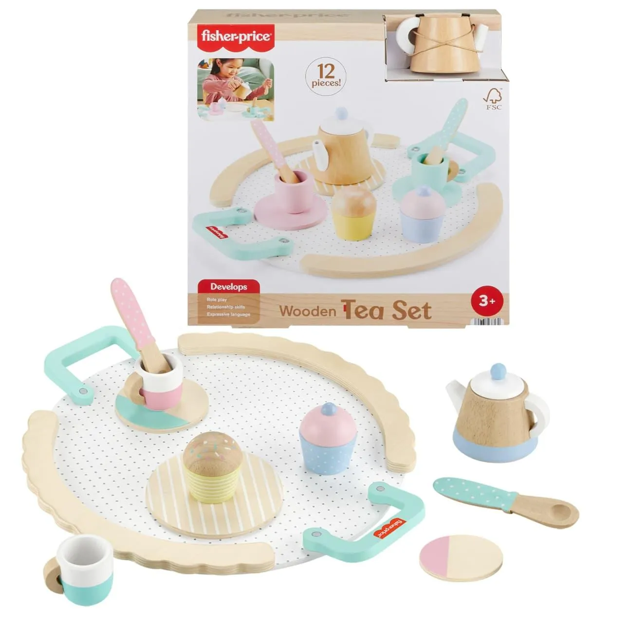 Fisher-Price Wood Pretend Play Toy Tea Set, 12-Piece Wooden Playset With Teapot, Cups & Saucers For Preschool Kids Ages 3+ Years