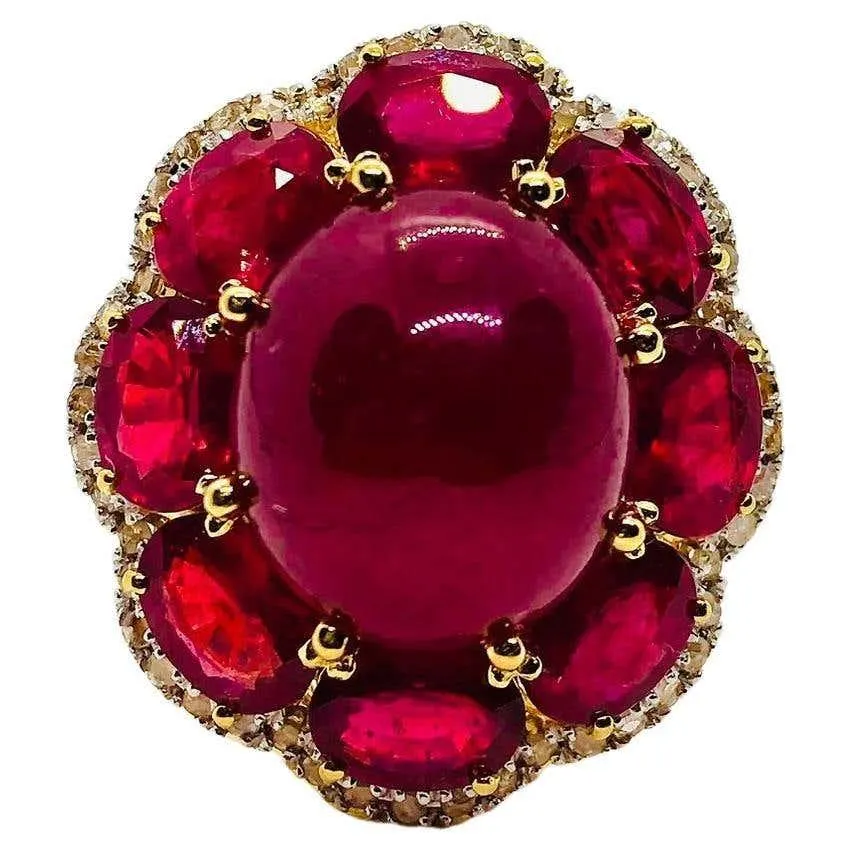 Bochic “Capri” Vintage Natural Ruby & Diamond Retro Ring Set In 18K Gold & Silve