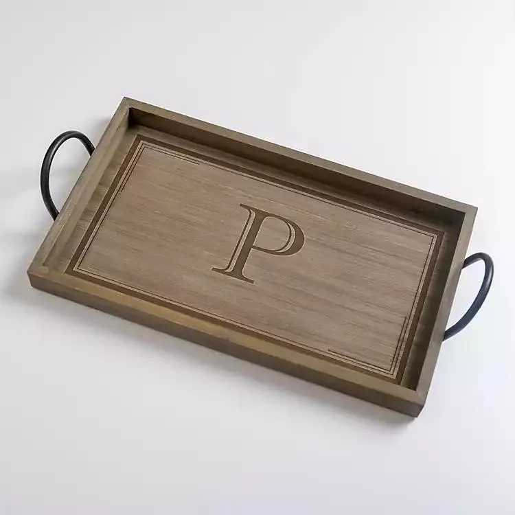 Gray Wash Wood Monogram P Tray