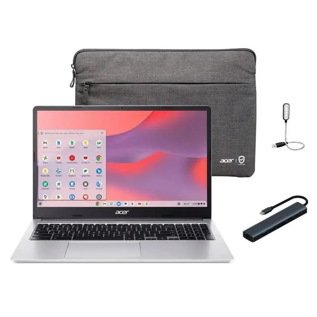Acer Chromebook 315 15.6'' HD Laptop, Intel Pentium N6000, 4GB RAM, 128GB eMMC, Wi-Fi, Chrome OS, Silver + Protective Sleeve with Mazepoly Accessories
