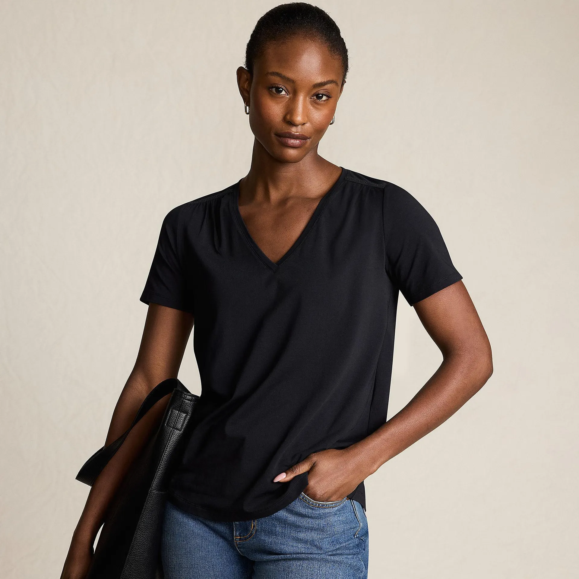 Women's Short Sleeve Lightweight Jersey Gathered Shoulder T-Shirt
