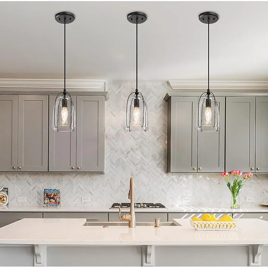 Uolfin 1 -Light Transitional Black in Cylinder Seeded Glass Shade Modern/contemporary Seeded glass Bell Mini Hanging Kitchen island light