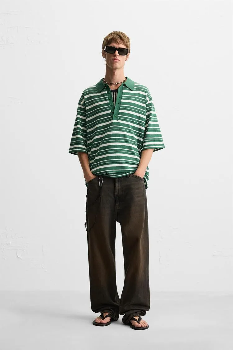 STRIPED TEXTURED KNIT POLO SHIRT