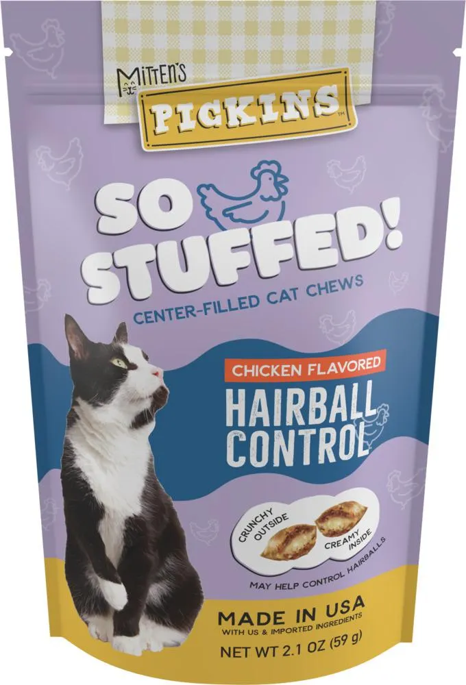 Mitten's Pickins Chicken Flavor Hairball Control Center-Filled Cat Treats, 2.1 Ounces