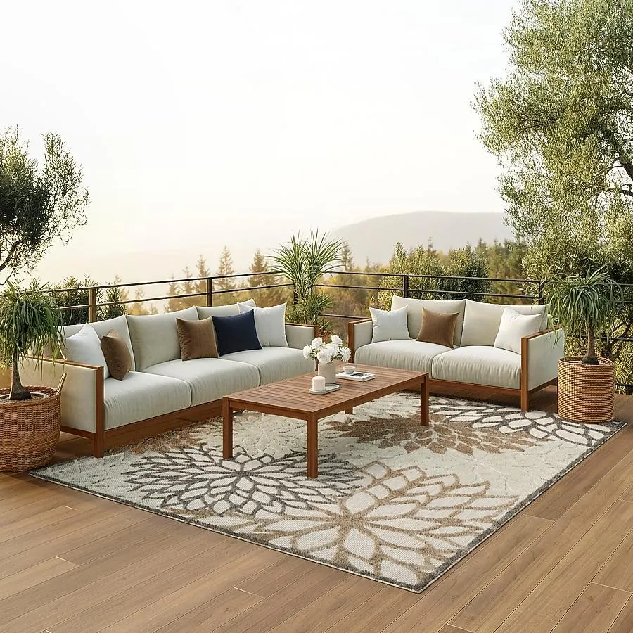 Nourison Aloha 8 x 11 (ft) Loomed Brown Rectangular Indoor/Outdoor Floral/Botanical Farmhouse/Cottage Area rug
