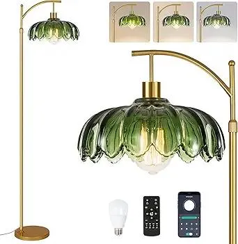 Glass Floor Lamp for Living Room,Bedroom,Gold Dimmable Standing Lamp with Remote,Mid Century Modern Brass Tall Lamp Boho Vintage Retro Floor Lamps Arc Green Flower Floor Light Lamp Bohemian