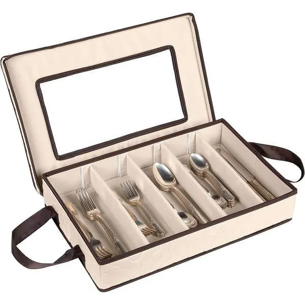 Flatware,Cutlery Utensil Storage Case Durable 5 Compartment Container - Brown